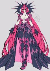 Rule 34 | alear (female) (fire emblem), alear (fire emblem), alternate costume, alternate hair color, armor, black sclera, breasts, colored sclera, corruption, crossed bangs, dark persona, dragon girl, expressionless, fire emblem, fire emblem engage, full body, highres, horns, intelligent systems, long hair, looking at viewer, medium breasts, navel, negiwo, nintendo, pale skin, possessed, possession, red eyes, red hair, revealing clothes, shoulder armor, solo, sombron (fire emblem), very long hair