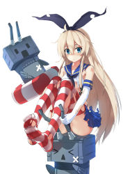 Rule 34 | &gt; &lt;, 10s, 1girl, anchor, anchor hair ornament, baisi shaonian, blonde hair, blue eyes, blush, cannon, closed eyes, collarbone, elbow gloves, feet, gloves, hair ornament, hairband, highres, kantai collection, long hair, personification, rensouhou-chan, shimakaze (kancolle), skirt, sleeveless, solo, striped clothes, striped thighhighs, thighhighs, torn clothes, turret, weapon, white background
