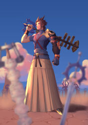 Rule 34 | 1boy, absurdres, armor, blue background, blue eyes, blue shirt, blurry, blurry foreground, brown hair, chest strap, clenched hand, fingerless gloves, full body, gloves, grey skirt, hair slicked back, highres, holding, holding weapon, keyblade, kingdom hearts, kingdom hearts birth by sleep, long skirt, male focus, medium hair, over shoulder, parted bangs, planted, shirt, short sleeves, shoulder armor, skirt, solo, standing, terra (kingdom hearts), turtleneck, weapon, weapon over shoulder, wristband, yayokichi3