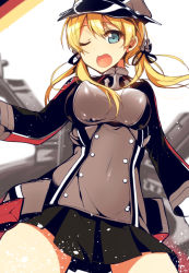 Rule 34 | 10s, 1girl, anchor hair ornament, blonde hair, blue eyes, breasts, hair ornament, hair ribbon, hat, kantai collection, large breasts, long sleeves, military, military uniform, one eye closed, open mouth, pleated skirt, pochi (pochi-goya), prinz eugen (kancolle), ribbon, sailor hat, shirt, skirt, solo, twintails, uniform