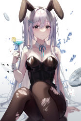 Rule 34 | 1girl, absurdres, animal ears, bare arms, bare shoulders, black eyes, black leotard, breasts, brown pantyhose, cocktail glass, coin, collarbone, cup, detached collar, drinking glass, ekina (1217), fake animal ears, hair ornament, hairband, hairclip, highres, holding, large breasts, leotard, long hair, looking at viewer, neck ribbon, original, pantyhose, parted lips, playboy bunny, rabbit ears, ribbon, simple background, sitting, solo, strapless, strapless leotard, torn clothes, very long hair, water, white background, white hair, wrist cuffs