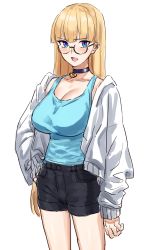 1girl black_choker black_shorts blonde_hair blue_eyes blue_nails blue_shirt blunt_bangs breasts choker cowboy_shot heart heart_choker highres hood hooded_jacket jacket large_breasts lina_(michihasu) long_hair long_sleeves looking_at_viewer michihasu nail_polish open_clothes open_jacket open_mouth original shirt shorts simple_background sketch sleeveless sleeveless_shirt sleeves_past_wrists solo standing white_background white_jacket