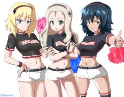 Rule 34 | 3girls, absurdres, andou (girls und panzer), black hair, black shirt, black thighhighs, blonde hair, blue eyes, blush, breasts, cheerleader, closed mouth, crossed arms, dated, drops mint, girls und panzer, green eyes, grin, hairband, hand on own hip, highres, large breasts, long hair, looking at viewer, marie (girls und panzer), midriff, multiple girls, navel, open mouth, oshida (girls und panzer), pom pom (cheerleading), shirt, short hair, shorts, signature, simple background, small breasts, smile, thighhighs, thumbs up, white background, white shorts, yellow eyes