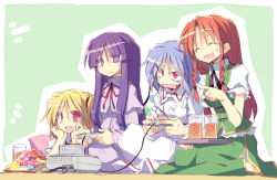 Rule 34 | 4girls, :d, ^ ^, blonde hair, blue hair, braid, closed eyes, controller, closed eyes, fang, female focus, flandre scarlet, game console, game controller, glass, holding, hong meiling, long hair, multiple girls, no headwear, no headwear, open mouth, patchouli knowledge, playing games, pointing, purple eyes, purple hair, red eyes, red hair, remilia scarlet, satou kibi, side ponytail, sitting, smile, super famicom, super nintendo, sweatdrop, touhou, twin braids