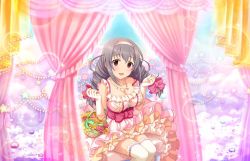 Rule 34 | 10s, 1girl, artist request, braid, breasts, cleavage, dress, flower, frilled dress, frills, gloves, grey hair, hairband, idolmaster, idolmaster cinderella girls, idolmaster cinderella girls starlight stage, jewelry, large breasts, long hair, necklace, official art, purple eyes, sakakibara satomi, smile, solo, thighhighs, twintails
