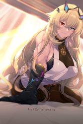 Rule 34 | 1girl, apron, backlighting, bare shoulders, biceps, black dress, black gloves, blonde hair, blue eyes, breasts, brown pantyhose, chain, dress, echo (circa), elbow gloves, barghest (fate), barghest (second ascension) (fate), fate/grand order, fate (series), gloves, heterochromia, horns, jewelry, large breasts, leaning forward, long hair, looking at viewer, muscular, muscular female, necklace, pantyhose, pelvic curtain, red eyes, sideboob, sitting, smile, solo, thighs, wariza, white apron