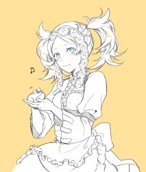 Rule 34 | 1girl, animal, european clothes, fire emblem, fire emblem awakening, frog, lissa (fire emblem), looking at viewer, nintendo, simple background, smile, twintails, yellow background