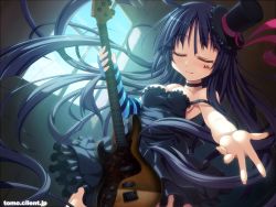 Rule 34 | 00s, 1girl, akiyama mio, bad id, bad pixiv id, bass guitar, black hair, blunt bangs, closed eyes, colorized, don&#039;t say &quot;lazy&quot;, dress, facepaint, fingerless gloves, gloves, guitar, hat, hime cut, instrument, k-on!, kitahara tomoe (kitahara koubou), long hair, maid koubou, mini hat, mini top hat, outstretched arm, outstretched hand, reaching, single glove, solo, strap slip, striped, top hat, very long hair, window