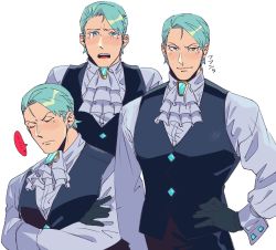 Rule 34 | 1boy, ace attorney, ascot, black vest, blush, collage, commentary request, cropped torso, franziska von karma, genderswap, genderswap (ftm), green (grimy), green hair, grey shirt, highres, looking at viewer, male focus, mole, mole under eye, pectorals, shirt, short hair, sideburns, swept bangs, toned, toned male, translation request, undershirt, vest, white background