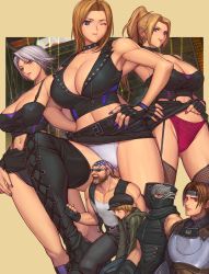 Rule 34 | 3girls, 4boys, ;), american flag, armor, armpits, bandana, bass armstrong, belt, black panties, blonde hair, blue eyes, boots, breasts, brown hair, christie (doa), cleavage, clenched hand, dead or alive, dead or alive 5, denim, earrings, eliot (doa), fingerless gloves, gaijin 4koma (meme), gloves, hat, hayate (doa), headband, ibanen, jacket, jeans, jewelry, lace, large breasts, meme, miniskirt, multiple boys, multiple girls, muscular, nail polish, ninja gaiden, one eye closed, open mouth, panties, pants, parted lips, pink panties, purple eyes, rachel (ninja gaiden), red eyes, ryu hayabusa, short hair, silver hair, skirt, smile, sunglasses, teeth, thigh boots, thighhighs, tina armstrong, underwear, very short hair, white panties