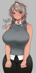 Rule 34 | 1girl, agawa ryou, bare shoulders, blue eyes, blush, breasts, brown hair, commentary, dated, grey background, huge breasts, long hair, original, pants, parted lips, signature, simple background, sleeveless, solo, thick thighs, thighs, tight clothes, tight pants