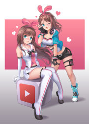 Rule 34 | :d, absurdres, bare shoulders, belt, black belt, black footwear, black gloves, black ribbon, black shorts, blue eyes, blue footwear, blue hoodie, blush, boots, bow, breasts, brown hair, buttons, clothing cutout, cube, detached sleeves, dongcilagedaci, dual persona, fingerless gloves, gloves, hairband, hand on own cheek, hand on own face, hand on own thigh, hand on thigh, headphones, headphones around neck, heart, heart cutout, highres, hood, hoodie, kizuna ai, kizuna ai (a.i. games), kizuna ai inc., knees together feet apart, leaning forward, long hair, looking at viewer, medium breasts, multicolored background, multicolored hair, one eye closed, open clothes, open mouth, pink background, pink hair, pink hairband, pouch, ribbon, sailor collar, school uniform, serafuku, shirt, short shorts, short sleeves, shorts, simple background, sitting, skirt, smile, streaked hair, teeth, thigh boots, thigh pouch, thigh strap, thighhighs, tiptoes, upper teeth only, v, virtual youtuber, white background, white legwear, white sailor collar, white shirt, white skirt, youtube logo