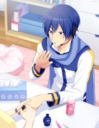 Rule 34 | 1boy, applying manicure, blowing, blue eyes, blue hair, blue scarf, brush, coat, commentary, cushion, headset, holding hands, indoors, kaito (vocaloid), male focus, master (vocaloid), nail polish, nail polish bottle, nokuhashi, painting nails, pen, polishing, rug, scarf, shelf, table, tissue box, upper body, vocaloid, white coat, wooden floor