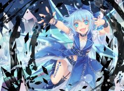 Rule 34 | !, !!, circled 9, 1girl, \m/, ahoge, alternate costume, arms up, asymmetrical legwear, belt, blue eyes, blue hair, blurry, bokeh, boots, bow, bracelet, choker, cirno, collarbone, commentary, depth of field, eyelashes, facial mark, fangs, fingerless gloves, fingernails, garter straps, gloves, hair bow, ice, ice wings, jewelry, jumping, looking at viewer, matching hair/eyes, midriff, nail polish, navel, night, open mouth, outstretched arms, puffy short sleeves, puffy sleeves, punk, ring, short hair, short shorts, short sleeves, shorts, sky, snowflakes, solo, star (sky), star (symbol), tattoo, touhou, toutenkou, tree, uneven legwear, wings