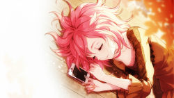 Rule 34 | 1girl, bad id, bad pixiv id, breasts, caidychen, cellphone, cleavage, collarbone, closed eyes, highres, iphone, lying, on back, orange shirt, original, phone, pink hair, shirt, short hair, small breasts, smartphone, smile, solo, spiked hair, wooden floor