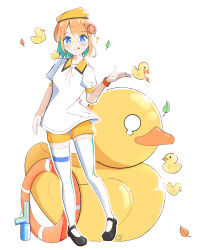 Rule 34 | 1girl, black footwear, blue eyes, colored inner hair, copyright request, glasses, highres, innertube, leaf, licking lips, lifebuoy hair ornament, multicolored hair, nanhui (pixiv 25128899), orange hair, rubber duck, shirt, short sleeves, shorts, solo, sparkle, standing, swim ring, thighhighs, tongue, tongue out, water gun, white shirt, white thighhighs, wristband, yellow headwear, yellow shorts
