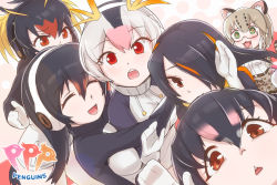 Rule 34 | 10s, 6+girls, :3, animal ears, brown eyes, cat ears, cat tail, emperor penguin (kemono friends), closed eyes, gentoo penguin (kemono friends), glasses, gloves, headphones, heart, heart-shaped pupils, heart in mouth, hug, humboldt penguin (kemono friends), kemono friends, looking at viewer, mact, margay (kemono friends), multicolored hair, multiple girls, penguins performance project (kemono friends), photobomb, red eyes, rockhopper penguin (kemono friends), royal penguin (kemono friends), smile, symbol-shaped pupils, tail, white gloves