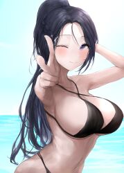Rule 34 | 1girl, ;), absurdres, arm behind head, armpits, bikini, black bikini, black hair, blush, braid, breasts, chan1moon, character request, collarbone, copyright request, fingernails, foreshortening, highres, large breasts, long hair, looking at viewer, navel, one eye closed, outdoors, ponytail, purple eyes, smile, solo, stomach, swimsuit, very long hair, w
