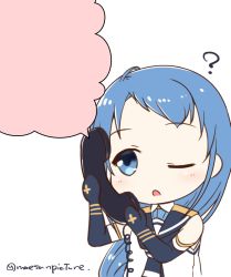 Rule 34 | 1girl, ?, artist name, bare shoulders, blank speech bubble, blue eyes, blue hair, blue neckerchief, chibi, commentary request, elbow gloves, gloves, holding, holding phone, kantai collection, long hair, mae (maesanpicture), neckerchief, one eye closed, open mouth, phone, sailor collar, samidare (kancolle), school uniform, serafuku, shirt, simple background, sleeveless, sleeveless shirt, solo, speech bubble, swept bangs, template, very long hair, white background, white shirt