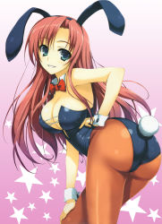 Rule 34 | 1girl, absurdres, animal ears, ass, bent over, blush, bow, bowtie, breasts, cleavage, detached collar, detexted, fake animal ears, female focus, green eyes, hand on own hip, highres, large breasts, leaning forward, long hair, looking back, necktie, pantyhose, playboy bunny, rabbit ears, rabbit tail, red hair, smile, solo, tail, third-party edit, tomose shunsaku, wrist cuffs