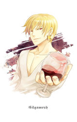 Rule 34 | 1boy, alcohol, bad id, bad pixiv id, blonde hair, character name, cup, cupping glass, drinking glass, earrings, fate/zero, fate (series), gilgamesh (fate), jewelry, luoyin, male focus, red eyes, solo, v-neck, wine, wine glass