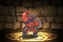 Rule 34 | 1boy, armor, armpits, colored skin, helmet, mace, male focus, monster boy, muscular, muscular male, pectorals, puzzle &amp; dragons, red skin, shield, solo, tagme, titan (p&amp;d), weapon
