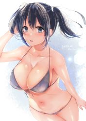Rule 34 | 10s, 1girl, arm up, between breasts, bikini, black hair, blue eyes, blue hair, breasts, cleavage, collarbone, dated, from above, front-tie bikini top, front-tie top, grey bikini, hair ribbon, highres, jewelry, kantai collection, large breasts, looking at viewer, navel, necklace, open mouth, original, ribbon, sakiryo kanna, shiny skin, solo, souryuu (kancolle), strap gap, string bikini, sweat, swimsuit, twintails