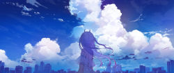 Rule 34 | 1girl, absurdres, blue sky, building, city, cityscape, cloud, cloudy sky, commentary request, dress, highres, hololive, horns, long hair, multicolored hair, nakiri ayame, outdoors, silver hair, skin-covered horns, sky, solo, sutorora, virtual youtuber, white dress