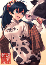 Rule 34 | 1girl, 2021, :d, ahoge, animal, animal ears, antenna hair, artist name, black hair, black pantyhose, blue eyes, blush, breasts, brown scarf, chinese zodiac, cow, cow ears, cow horns, cowboy shot, dress, fake animal ears, fake horns, fang, ganaha hibiki, gradient background, hair between eyes, hair ornament, hair scrunchie, hairband, highres, horns, idolmaster, idolmaster (classic), long sleeves, medium breasts, mikel (4hands), new year, open mouth, pantyhose, plaid, plaid scarf, ponytail, print dress, print sweater, scarf, scrunchie, signature, skin fang, smile, solo, sweater, sweater dress, two-tone hairband, year of the ox, yellow background