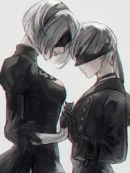 Rule 34 | 1boy, 1girl, backpack, bad id, bad pixiv id, bag, black blindfold, black choker, black gloves, black hairband, blindfold, choker, cleavage cutout, closed mouth, clothing cutout, feather trim, gloves, green bag, grey background, grey hair, hairband, holding hands, nier:automata, nier (series), oimo (oimkimn), short hair, simple background, smile, turtleneck, 2b (nier:automata), 9s (nier:automata)
