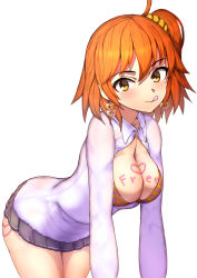 Rule 34 | 1girl, :q, alternate costume, bad id, bad pixiv id, bent over, black skirt, blush, body writing, breasts, cleavage, collared shirt, dress shirt, earrings, fate/grand order, fate (series), fujimaru ritsuka (female), hair between eyes, hair ornament, hair scrunchie, heart, heart earrings, heart print, highres, jewelry, large breasts, looking at viewer, microskirt, one side up, open clothes, open shirt, orange hair, pleated skirt, scrunchie, shirt, sikijou77o, simple background, skirt, thighs, tongue, tongue out, white background, white shirt, yellow eyes, yellow scrunchie