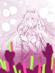 Rule 34 | 1girl, blunt bangs, blush, breasts, cleavage, closed eyes, crowd, glowstick, highres, holding, holding glowstick, holding microphone stand, hololive, hololive english, long hair, medium breasts, microphone stand, mori calliope, mori calliope (1st costume), music, open mouth, pie (aipiepo), pink theme, singing, spot color, tiara, very long hair, virtual youtuber