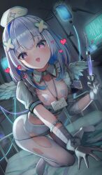 Rule 34 | 1girl, absurdres, all fours, amane kanata, amane kanata (nurse), angel wings, bandaged arm, bandages, bandaid, bandaids on nipples, blue eyes, blue hair, blush, cardiogram, collar, colored inner hair, commentary request, detached collar, dress, feathered wings, flat chest, gloves, grey hair, hair ornament, hat, heart, heart-shaped pupils, highres, holding, holding syringe, hololive, id card, indoors, intravenous drip, lanyard, looking at viewer, medium hair, mini wings, multicolored hair, nishiro hato, no shoes, nurse, nurse cap, open mouth, panties, pantyhose, pasties, pink hair, short sleeves, sidelocks, single hair intake, solo, streaked hair, symbol-shaped pupils, syringe, torn clothes, torn pantyhose, underwear, virtual youtuber, white collar, white dress, white gloves, white hat, white pantyhose, white wings, wings, x hair ornament, yandere