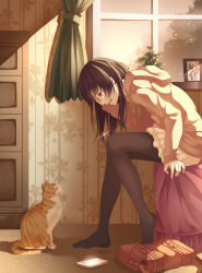 Rule 34 | 1girl, brown eyes, brown hair, cat, cellphone, crying, original, pantyhose, phone, room, smartphone, solo, tears, yasuno (airy light)