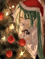 Rule 34 | 1girl, :d, black ribbon, blush, christmas, christmas ornaments, christmas tree, collared shirt, dot nose, eye reflection, green eyes, green hair, hair between eyes, hat, hatsune miku, highres, holding ornament, indoors, long hair, long sleeves, looking at object, neck ribbon, open mouth, raised eyebrows, reflection, ribbon, santa hat, shirt, sidelocks, sleeve cuffs, smile, solo, twintails, unagizaka gohan, upper body, very long hair, vocaloid, white shirt