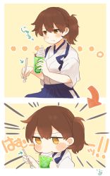 Rule 34 | 1girl, 2koma, arrow (symbol), biting, blush, brown hair, cherry, comic, commentary request, drinking straw, drooling, eating, food, fruit, highres, holding, holding drinking straw, holding food, ice cream, ina (1813576), japanese clothes, kaga (kancolle), kantai collection, short sleeves, side ponytail, silent comic, solo, sundae, whipped cream