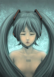 Rule 34 | 1girl, aqua hair, barcode, censored, closed eyes, convenient censoring, eyelashes, hair censor, hair over breasts, hatsune miku, headset, jianran pan, lips, long hair, realistic, solo, twintails, upper body, very long hair, vocaloid