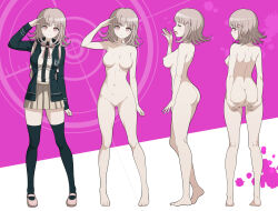 Rule 34 | 1girl, arm at side, arm up, ass, ass support, backpack, bag, barefoot, black thighhighs, blood, breasts, brown hair, brown skirt, cleft of venus, collarbone, collared shirt, commentary request, completely nude, danganronpa (series), danganronpa 2: goodbye despair, dress shirt, flipped hair, from behind, from side, galaga, hair ornament, hand up, highres, hood, hooded jacket, jacket, large breasts, light brown hair, long sleeves, looking at viewer, medium hair, miniskirt, multiple views, nanami chiaki, nanikairu, navel, neck ribbon, nipples, no nipples, nude, pink background, pink bag, pink blood, pink eyes, pink footwear, pink ribbon, pleated skirt, pussy, ribbon, salute, shirt, shirt tucked in, shoes, skirt, smile, standing, thighhighs, two-tone shirt, white background, white shirt, yawning, zettai ryouiki