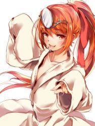 Rule 34 | 1girl, :p, bathrobe, collarbone, dripping, japanese clothes, long sleeves, looking at viewer, mataichi mataro, ole tower, orange eyes, orange hair, ponytail, ribbon, saliva, simple background, tiara, tongue, tongue out, water pump pliers (ole tower), white background