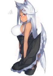 Rule 34 | 1girl, animal ear fluff, animal ears, ass, bad id, bad pixiv id, bare arms, bare shoulders, black skirt, black thighhighs, blush, breasts, commentary request, cowboy shot, cropped legs, dark-skinned female, dark skin, forehead, hair ornament, hairclip, highres, large breasts, looking at viewer, nose blush, original, parted lips, petticoat, red eyes, shirt, silver hair, simple background, skirt, sleeveless, sleeveless shirt, solo, standing, suminagashi, sweat, tail, thighhighs, thighs, white background, white shirt, wolf ears, wolf tail