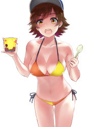 Rule 34 | 1girl, bikini, breasts, cleavage, commentary request, cowboy shot, cup, flipped hair, honda mio, idolmaster, idolmaster cinderella girls, large breasts, leaning forward, looking at viewer, open mouth, shiroyukimajima, short hair, side-tie bikini bottom, simple background, smile, solo, spoon, standing, swimsuit, thigh gap, two-tone bikini, visor cap, white background