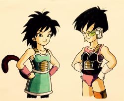 Rule 34 | 2girls, armor, armored skirt, bare arms, bare shoulders, black eyes, black hair, commentary request, dragon ball, earrings, eyelashes, frown, gine, gloves, green-tinted eyewear, grin, hand on own hip, happy, jewelry, lee (dragon garou), looking at viewer, multiple girls, pink shirt, scouter, see-through, seripa, shaded face, shirt, short hair, simple background, sleeveless, sleeveless shirt, smile, standing, tail, tinted eyewear, upper body, white background, white gloves, wristband