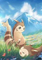 Rule 34 | animal focus, blue sky, brown fur, closed eyes, closed mouth, cloud, commentary request, creatures (company), furret, game freak, gen 2 pokemon, giovanni (giogiofx0083), green eyes, highres, mountain, nintendo, no humans, on grass, open mouth, outdoors, pokemon, pokemon (creature), sky, smile, standing, tail