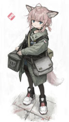 Rule 34 | 1girl, :o, ahoge, alternate costume, animal ears, arknights, bag, bandaid, bandaid on face, black footwear, black pantyhose, black shorts, blue eyes, blue shirt, commentary, extra ears, fox ears, fox girl, fox tail, full body, green jacket, highres, jacket, looking at viewer, open mouth, pantyhose, pouch, revision, shirt, sho (sho lwlw), shoes, short hair, short twintails, shorts, shoulder bag, sidelocks, simple background, solo, standing, stethoscope, sussurro (arknights), symbol-only commentary, tail, twintails, two-tone footwear, white background, white footwear