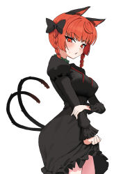 Rule 34 | 1girl, animal ears, black dress, blush, breasts, cat ears, cat girl, cat tail, commentary, dress, highres, kaenbyou rin, long sleeves, looking at viewer, multiple tails, open mouth, pochipechi056, red eyes, simple background, solo, sweatdrop, tail, touhou, two tails, white background