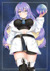 Rule 34 | 1girl, absurdres, arikawa rui, ball, bare shoulders, belt, between breasts, bike shorts, black choker, black footwear, black shirt, black shorts, blue ribbon, boots, breasts, brooch, choker, closed mouth, colored inner hair, crop top, from below, gradient eyes, hair between eyes, highres, holding, hololive, hololive indonesia, jacket, jewelry, large breasts, long hair, long sleeves, looking at viewer, midriff, moona hoshinova, multicolored eyes, multicolored hair, navel, neck ribbon, off shoulder, purple hair, ribbon, shirt, short shorts, shorts, sky, sleeveless, sleeveless shirt, solo, space, standing, star (sky), star (symbol), starry background, starry sky, thigh boots, thighhighs, two-tone hair, virtual youtuber, white jacket, yellow eyes