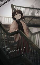Rule 34 | 1girl, absurdres, anniversary, asymmetrical hair, black sweater, brown eyes, brown hair, commentary request, expressionless, grey sky, hair ornament, hairclip, highres, iwakura lain, jacket, looking at viewer, open clothes, open jacket, outdoors, pedestrian bridge, pikuson, serial experiments lain, short hair, single sidelock, sketch, skirt, sky, solo, stairs, sweater, turtleneck, turtleneck sweater, x hair ornament