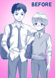 Rule 34 | 2boys, absurdres, bag, before and after, english text, glasses, happy, headpat, height difference, highres, kaneko naoya, looking at another, mole, mole under eye, multiple boys, necktie, original, pants, pink background, school bag, school uniform, shirt, short hair, simple background, smile, source request, standing, white shirt