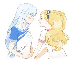 Rule 34 | 2girls, :d, ^ ^, blonde hair, blue eyes, blue hair, blush, breasts, closed eyes, emily stewart, enu (roco roco44), facing another, holding hands, idolmaster, idolmaster million live!, idolmaster million live! theater days, lesson wear (idolmaster million live!), long hair, looking at another, lowres, multiple girls, open mouth, profile, shiraishi tsumugi, shirt, short sleeves, simple background, small breasts, smile, twintails, very long hair, white background, white shirt