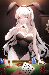 Rule 34 | 1girl, absurdres, animal ears, bare arms, bare legs, breasts, card, eyebrows hidden by hair, fake animal ears, highres, holding, holding card, leotard, long hair, looking at viewer, original, playboy bunny, poker, rabbit ears, red eyes, smile, solo, table, white hair, wrist cuffs, yeoni mon